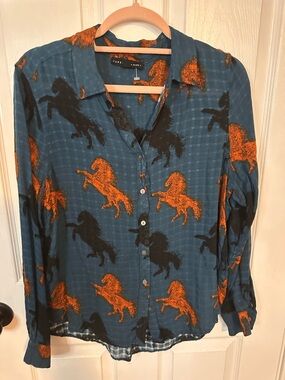 Jane and Delancey Teal Horse-Print Button-Up Shirt